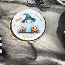 Load image into Gallery viewer, Personalised Spooky Cute Ghost Halloween Biscuit