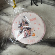 Load image into Gallery viewer, Personalised Halloween Pink Haunted House Biscuit