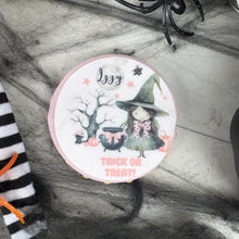 Load image into Gallery viewer, Personalised Cute Pink Witch Halloween Biscuit-The Persnickety Co