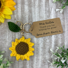 Load image into Gallery viewer, Crochet Sunflower Keyring with Personalised Tag