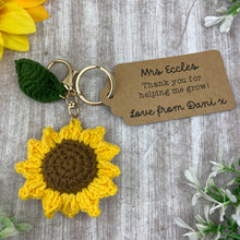 Load image into Gallery viewer, Crochet Sunflower Keyring with Personalised Tag