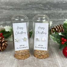 Load image into Gallery viewer, Christmas Earrings in Glass Cloche – Star or Heart Studs Gift-The Persnickety Co