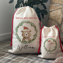 Load image into Gallery viewer, Personalised Santa Sack | Christmas Gift Bag with Festive Animal & Green Wreath Design
