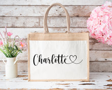 Load image into Gallery viewer, Personalised Heart Name Jute Bag