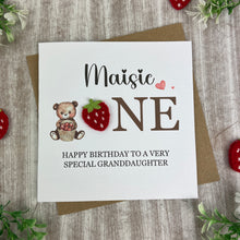 Load image into Gallery viewer, Personalised Strawberry Bear 1st Birthday Card