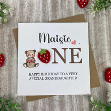 Load image into Gallery viewer, Personalised Strawberry Bear 1st Birthday Card