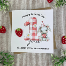 Load image into Gallery viewer, Personalised Strawberry Bunny 1st Birthday Card