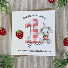 Load image into Gallery viewer, Personalised Strawberry Bunny 1st Birthday Card