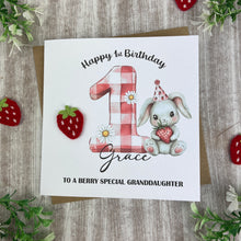 Load image into Gallery viewer, Personalised Strawberry Bunny 1st Birthday Card