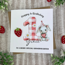 Load image into Gallery viewer, Personalised Strawberry Bunny 1st Birthday Card