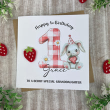 Load image into Gallery viewer, Personalised Strawberry Bunny 1st Birthday Card