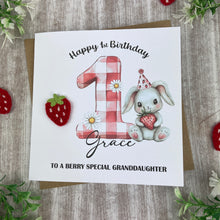 Load image into Gallery viewer, Personalised Strawberry Bunny 1st Birthday Card