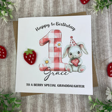 Load image into Gallery viewer, Personalised Strawberry Bunny 1st Birthday Card