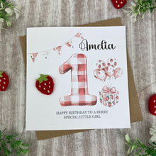 Load image into Gallery viewer, Personalised Strawberry Gingham 1st Birthday Card-The Persnickety Co