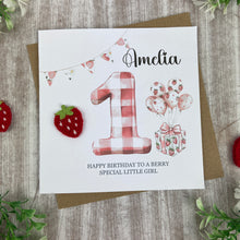 Load image into Gallery viewer, Personalised Strawberry Gingham 1st Birthday Card
