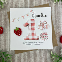 Load image into Gallery viewer, Personalised Strawberry Gingham 1st Birthday Card