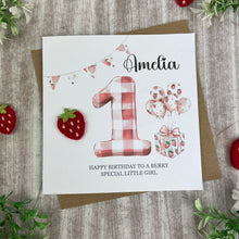 Load image into Gallery viewer, Personalised Strawberry Gingham 1st Birthday Card