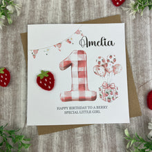 Load image into Gallery viewer, Personalised Strawberry Gingham 1st Birthday Card