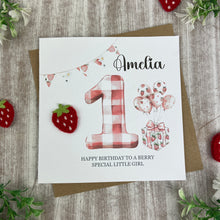 Load image into Gallery viewer, Personalised Strawberry Gingham 1st Birthday Card