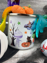 Load image into Gallery viewer, Personalised Haunted House Halloween Enamel Mug