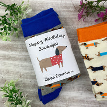 Load image into Gallery viewer, Dachshund Socks - Happy Birthday Sausage