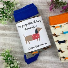 Load image into Gallery viewer, Dachshund Socks - Happy Birthday Sausage