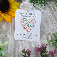 Load image into Gallery viewer, Personalised Funeral Tealight Candle in Organza Bag - Wildflower heart