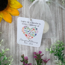 Load image into Gallery viewer, Personalised Funeral Tealight Candle in Organza Bag - Wildflower heart
