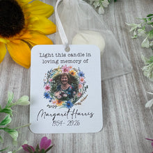 Load image into Gallery viewer, Personalised Photo Memorial Tealight with flower wreath