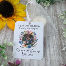 Load image into Gallery viewer, Personalised Photo Memorial Tealight with flower wreath