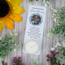 Load image into Gallery viewer, Tealight Candle, Forget Me Not Wreath Photo
