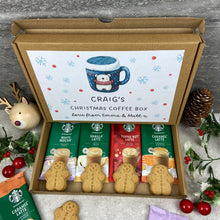 Load image into Gallery viewer, Personalised Christmas Coffee Letterbox Gift – Starbucks Coffee Sachets & Gingerbread Men Biscuits