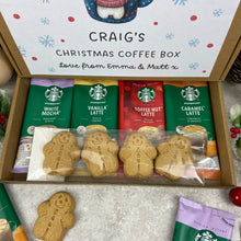 Load image into Gallery viewer, Personalised Christmas Coffee Letterbox Gift – Starbucks Coffee Sachets & Gingerbread Men Biscuits