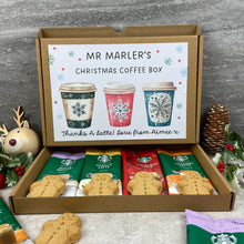 Load image into Gallery viewer, Personalised Teacher Christmas Coffee Letterbox Gift – Starbucks Coffee Sachets & Gingerbread Biscuits