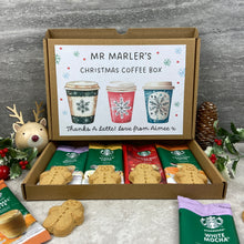 Load image into Gallery viewer, Personalised Teacher Christmas Coffee Letterbox Gift – Starbucks Coffee Sachets & Gingerbread Biscuits