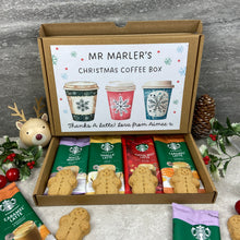 Load image into Gallery viewer, Personalised Teacher Christmas Coffee Letterbox Gift – Starbucks Coffee Sachets & Gingerbread Biscuits
