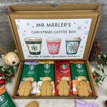 Load image into Gallery viewer, Personalised Teacher Christmas Coffee Letterbox Gift – Starbucks Coffee Sachets & Gingerbread Biscuits