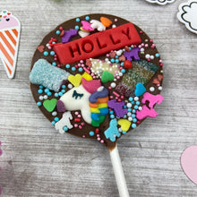 Load image into Gallery viewer, Personalised Unicorn Chocolate Lollipop