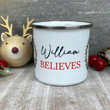 Load image into Gallery viewer, Personalised Festive Friends 'Believe' Enamel Mug