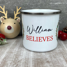 Load image into Gallery viewer, Personalised Festive Friends 'Believe' Enamel Mug