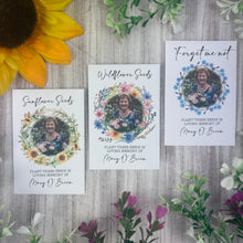 Load image into Gallery viewer, Personalised Funeral Seed Favour | Memorial Seeds with Photo | Sunflower, Wildflower or Forget-Me-Not Wreath