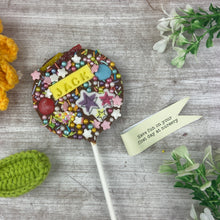 Load image into Gallery viewer, Personalised Have Fun On Your First Day At Nursery Belgian Chocolate Lollipop