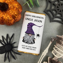 Load image into Gallery viewer, Purple Hat Gnome Happy Halloween - Personalised Chocolate Bar