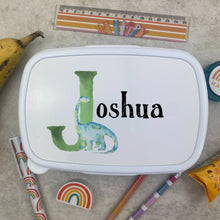 Load image into Gallery viewer, Personalised Initial Dinosaur Lunch Box - Blue