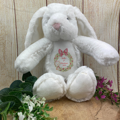 Christmas Wreath Design Soft Toy- White Bunny-The Persnickety Co