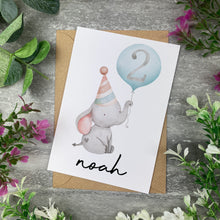 Load image into Gallery viewer, Elephant With Blue Balloon Personalised Birthday Card