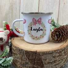 Load image into Gallery viewer, Personalised Snow Girl Wreath Enamel Mug-The Persnickety Co