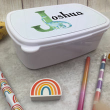 Load image into Gallery viewer, Personalised Initial Dinosaur Lunch Box - White