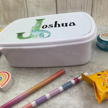 Load image into Gallery viewer, Personalised Initial Dinosaur Lunch Box - White