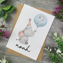 Load image into Gallery viewer, Elephant With Blue Balloon Personalised Birthday Card